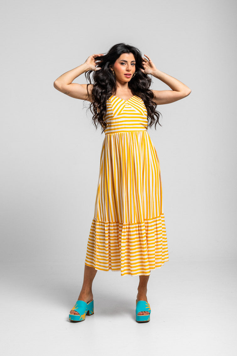 VESTIDO MIDI BUSTIER RAYAS BLANCAS Y AMARILLAS OH SOLE MIO  LOLINA