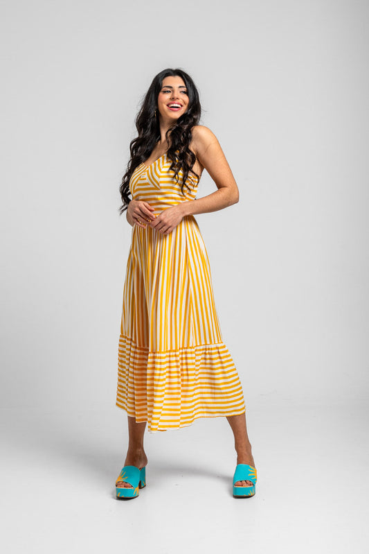 VESTIDO MIDI BUSTIER RAYAS BLANCAS Y AMARILLAS OH SOLE MIO  LOLINA