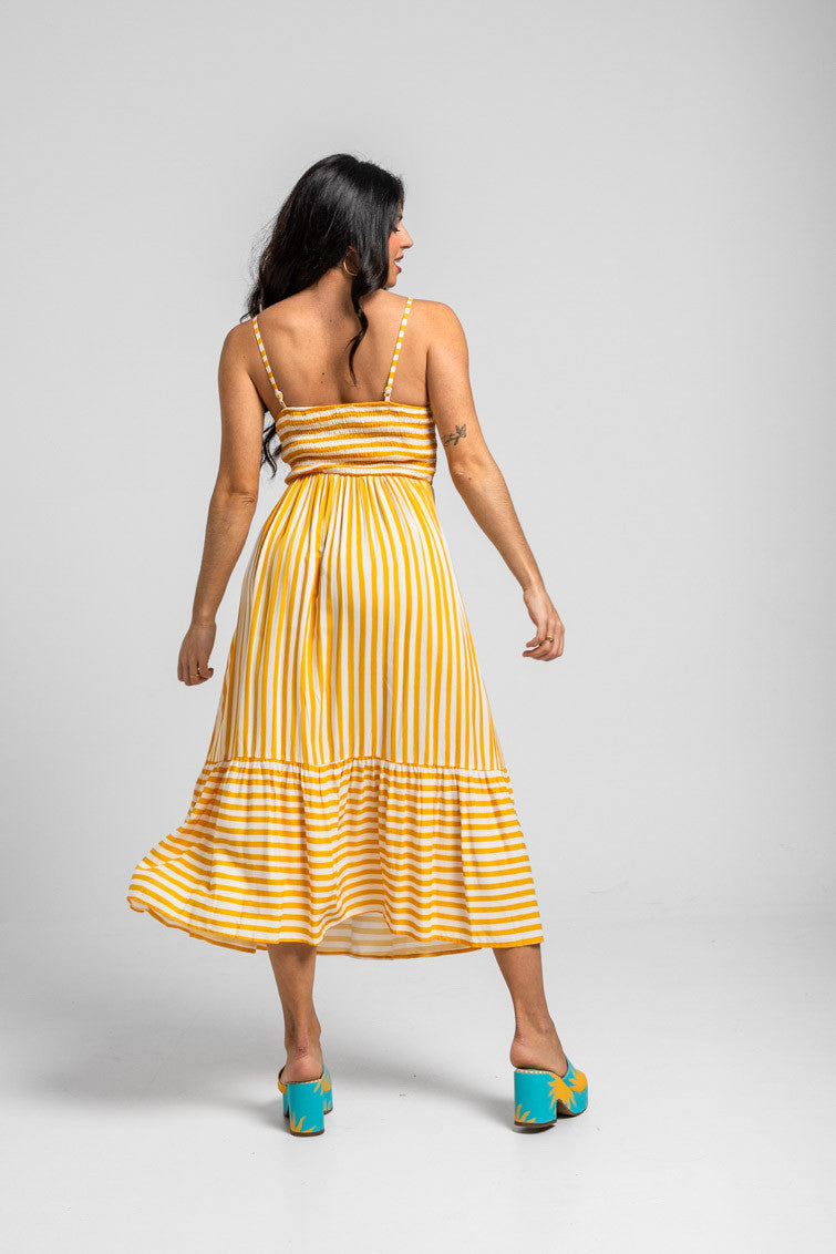 VESTIDO MIDI BUSTIER RAYAS BLANCAS Y AMARILLAS OH SOLE MIO  LOLINA