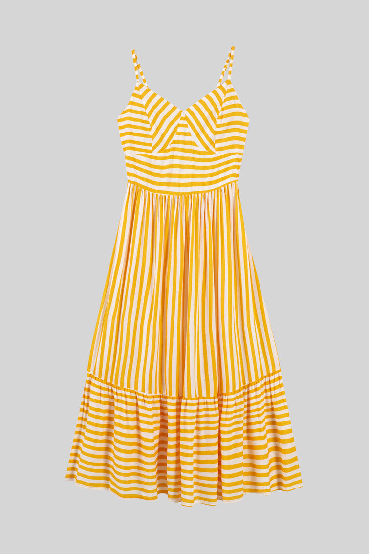 VESTIDO MIDI BUSTIER RAYAS BLANCAS Y AMARILLAS OH SOLE MIO  LOLINA