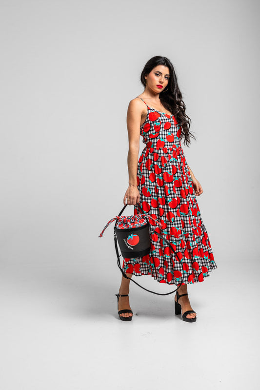 VESTIDO MIDI BUSTIER DE TOMATES Y VICHI BLANCO Y NEGRO POMODORI LOLINA