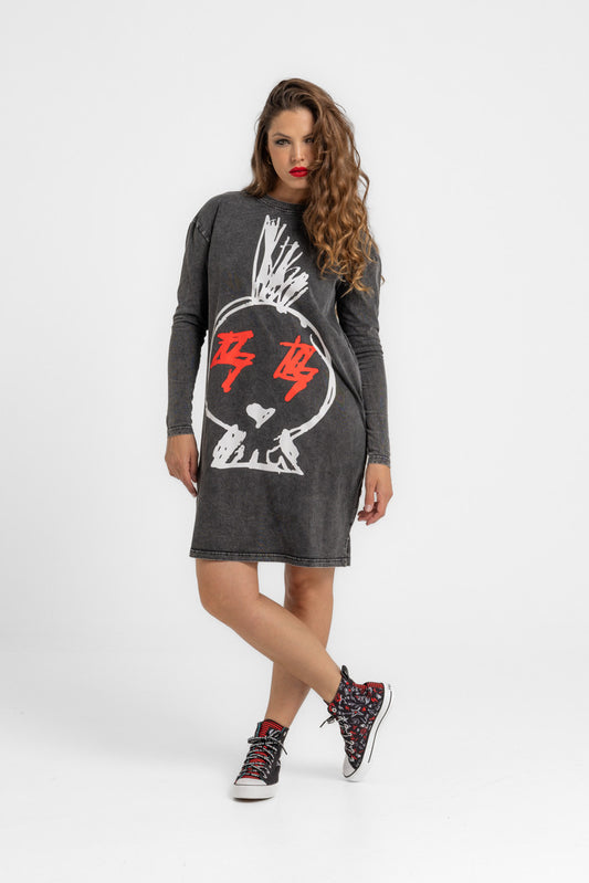 VESTIDO MINI CAMISETA DE ALGODÓN DESGASTADO ROCK AND ROLL LOLINA