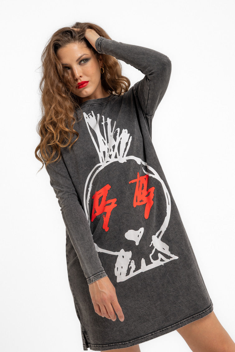 VESTIDO MINI CAMISETA DE ALGODÓN DESGASTADO ROCK AND ROLL LOLINA