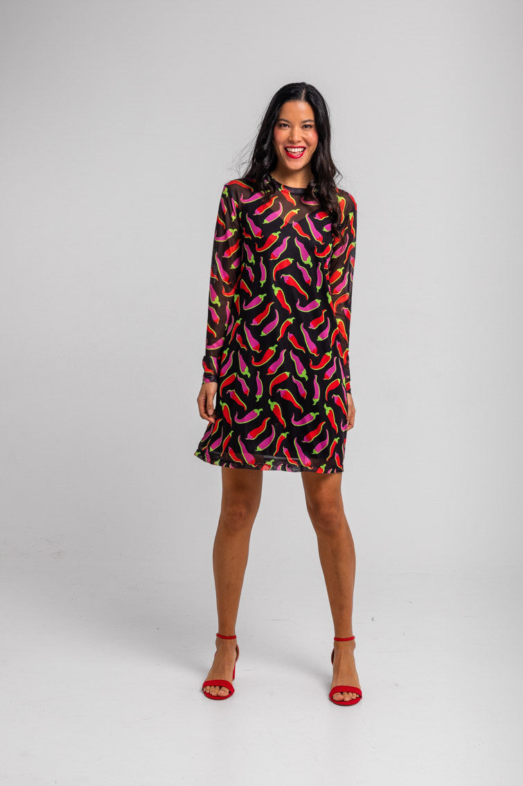 VESTIDO MINI DE TUL CON CHILIS ROSAS Y ROJOS PICANTE LOLINA