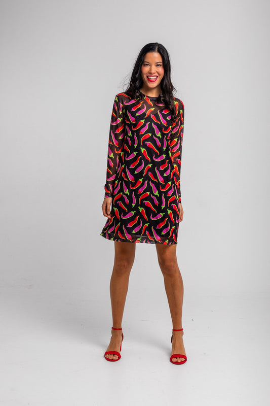 VESTIDO MINI DE TUL CON CHILIS ROSAS Y ROJOS PICANTE LOLINA