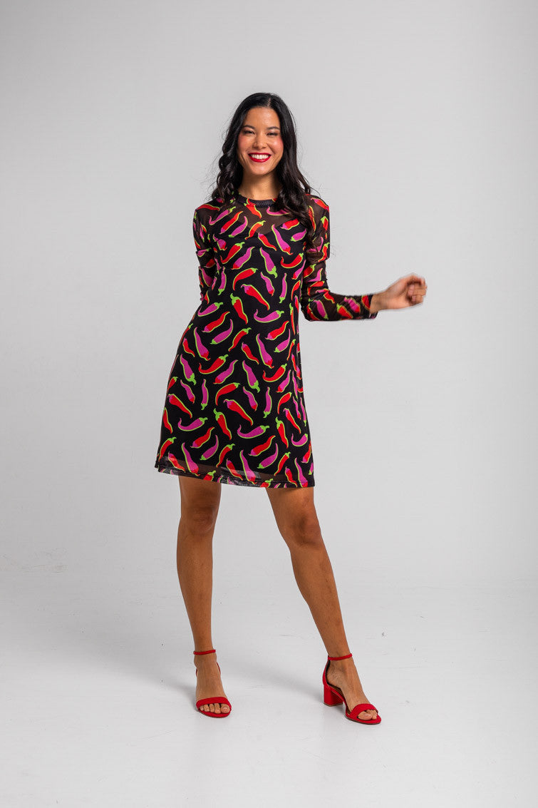 VESTIDO MINI DE TUL CON CHILIS ROSAS Y ROJOS PICANTE LOLINA