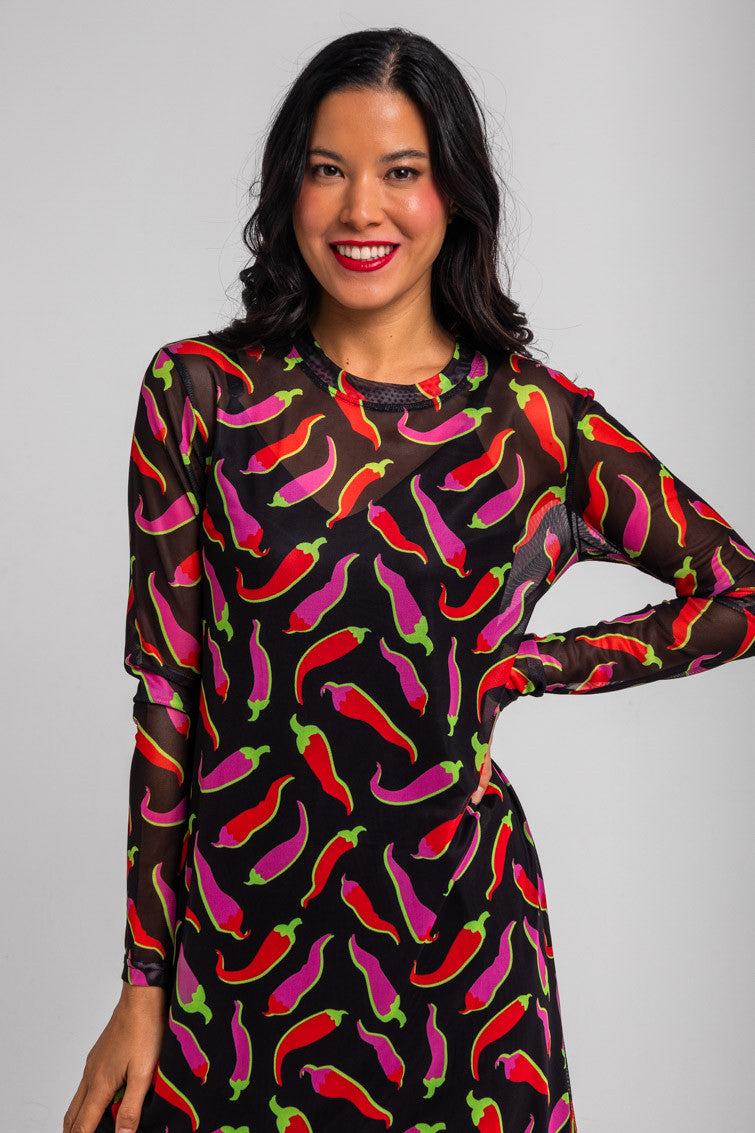 VESTIDO MINI DE TUL CON CHILIS ROSAS Y ROJOS PICANTE LOLINA