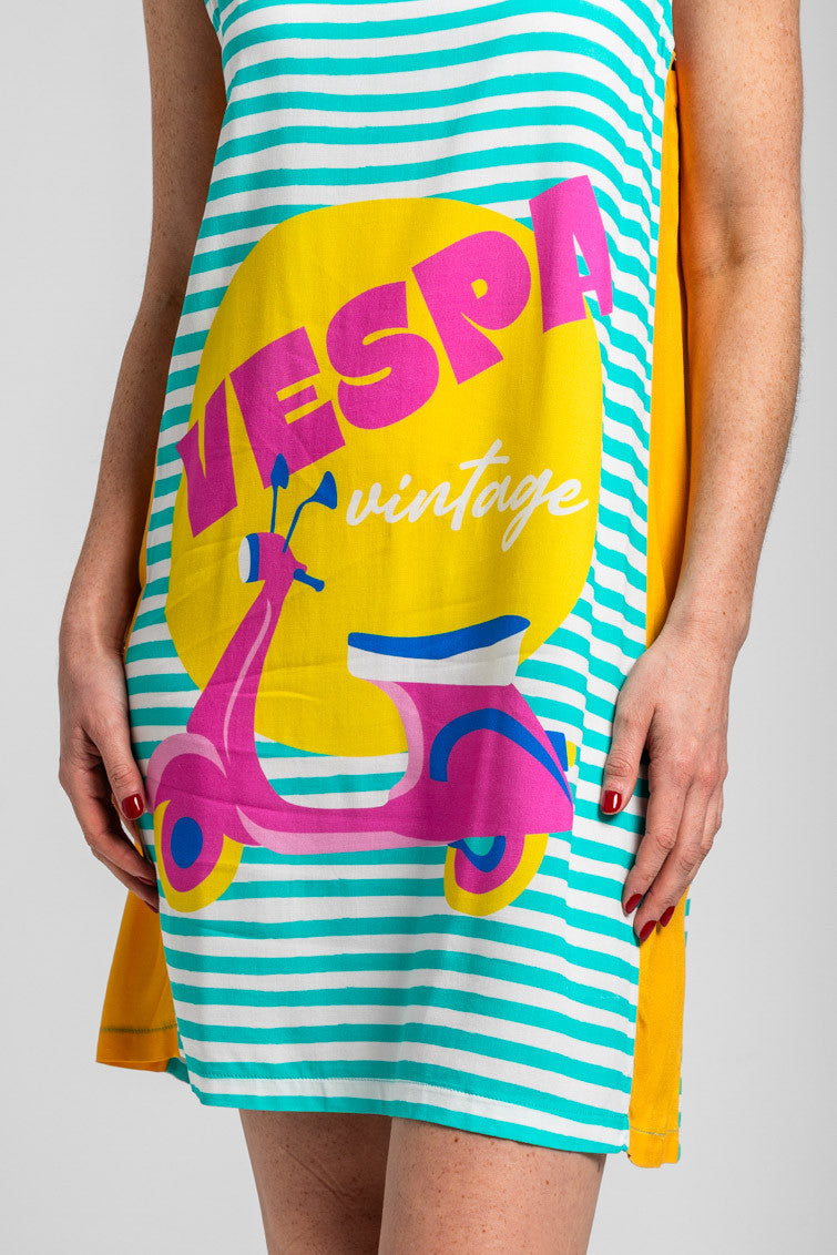 VESTIDO MINI RAYAS BLANCAS Y AZULES CON VESPA LOLINA