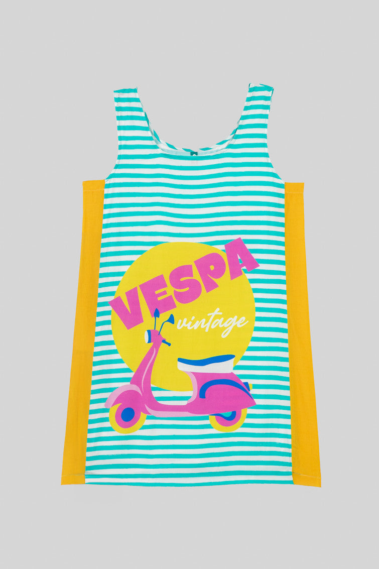 VESTIDO MINI RAYAS BLANCAS Y AZULES CON VESPA LOLINA