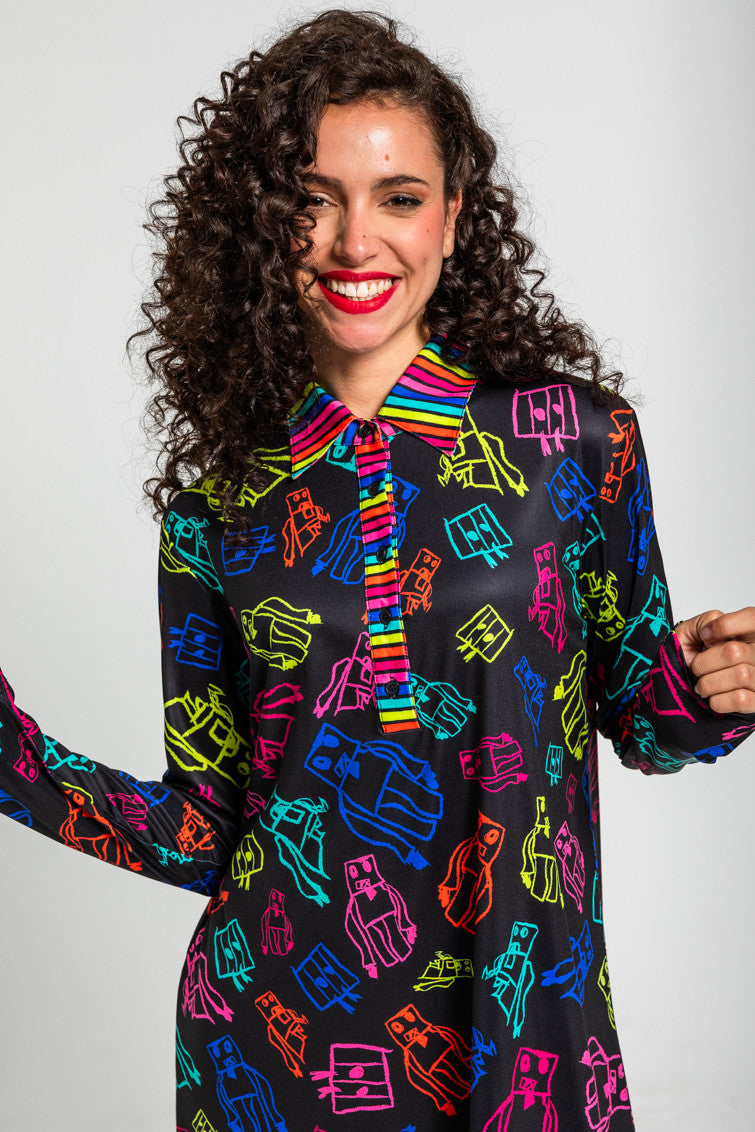 VESTIDO POLO DE GARABATOS DE ROBOTS MULTICOLOR LOLINA