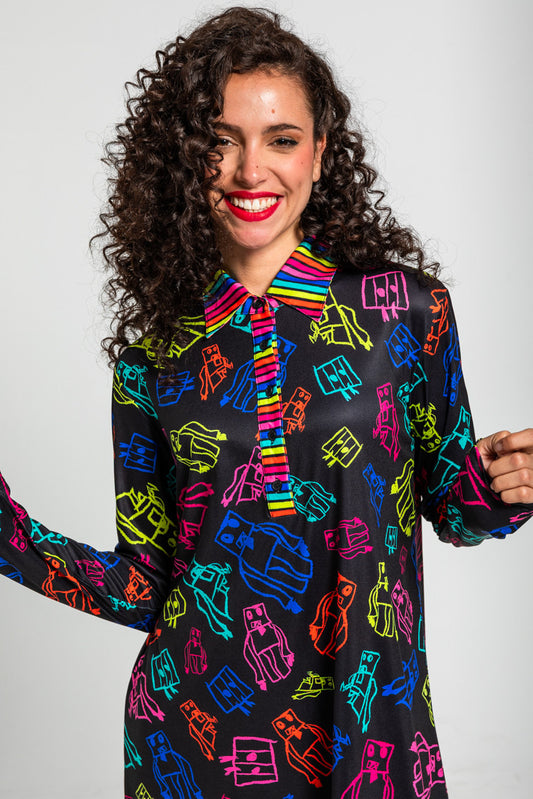 VESTIDO POLO DE GARABATOS DE ROBOTS MULTICOLOR LOLINA