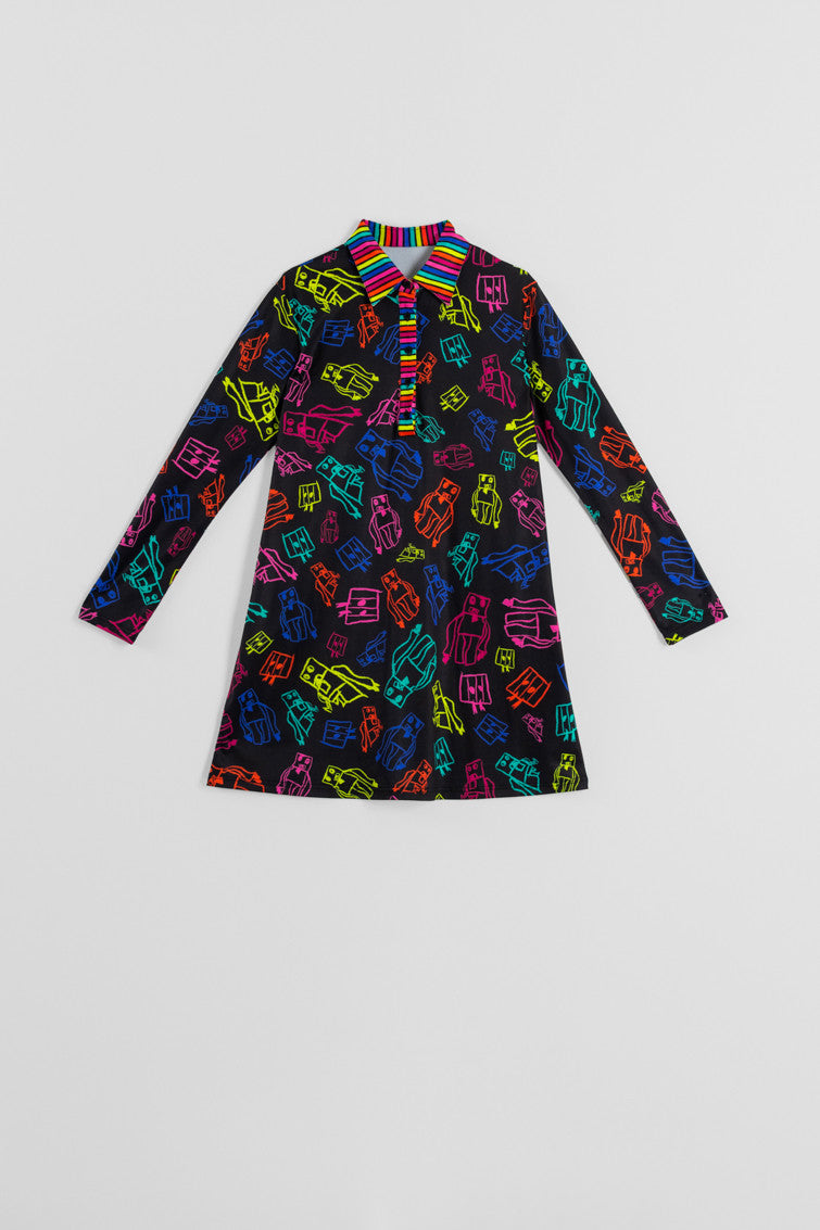 VESTIDO POLO DE GARABATOS DE ROBOTS MULTICOLOR LOLINA