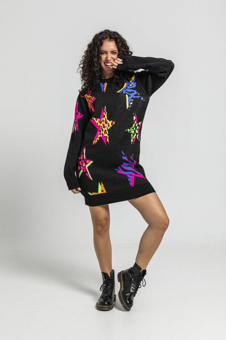 VESTIDO PUNTO TEJIDO ESTAMPADO ESTRELLAS CON ANIMAL PRINT LOLINA