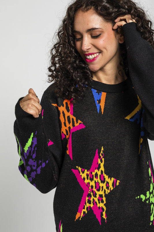 VESTIDO PUNTO TEJIDO ESTAMPADO ESTRELLAS CON ANIMAL PRINT LOLINA