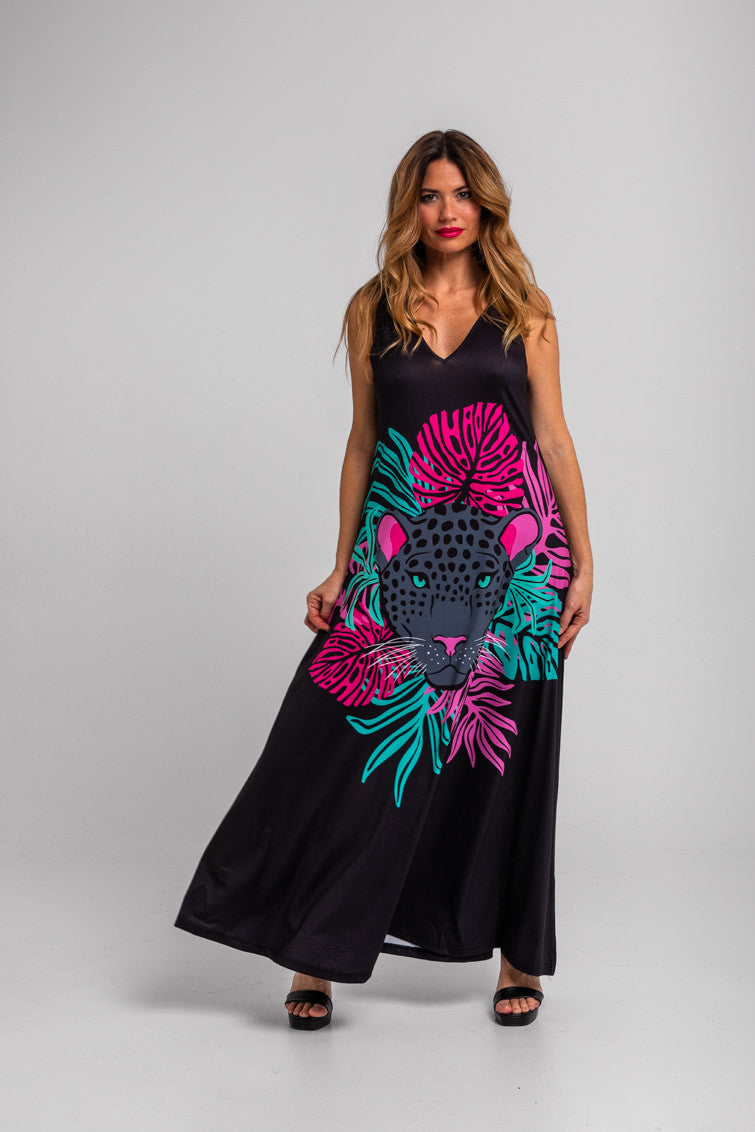 VESTIDO TIRANTES HOJAS Y PANTERAS NOCTURNA LOLINA