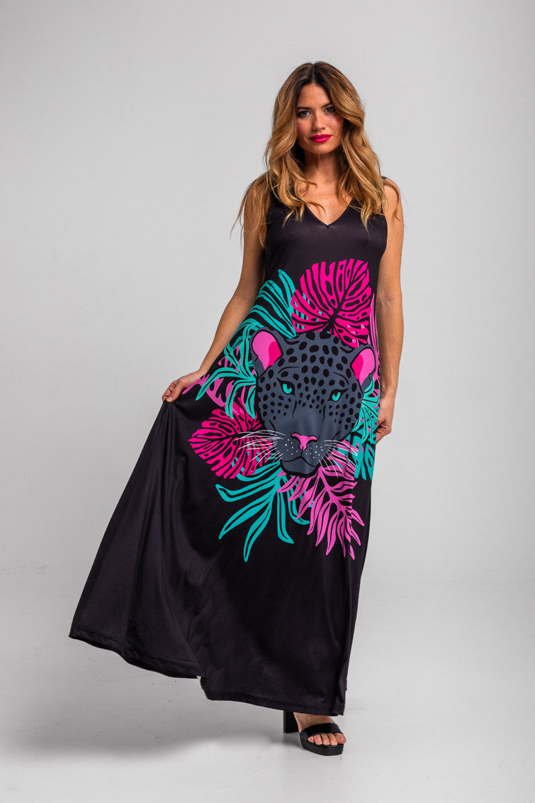 VESTIDO TIRANTES HOJAS Y PANTERAS NOCTURNA LOLINA
