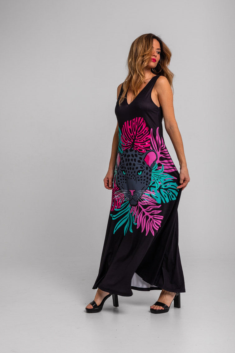 VESTIDO TIRANTES HOJAS Y PANTERAS NOCTURNA LOLINA