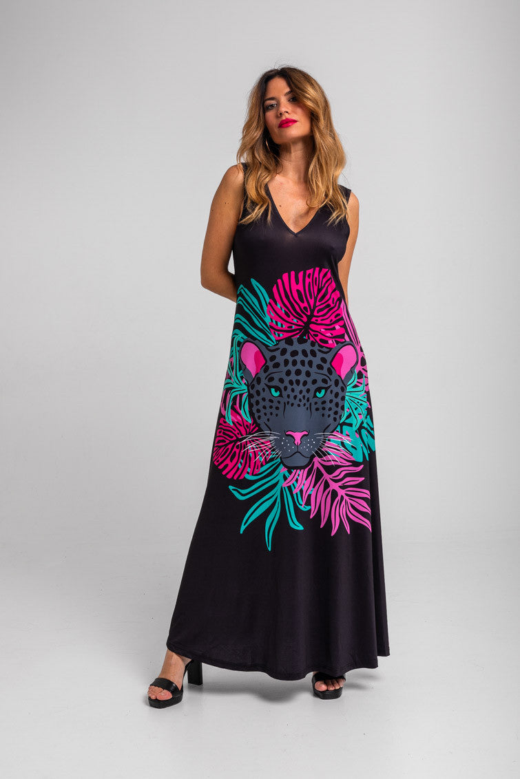 VESTIDO TIRANTES HOJAS Y PANTERAS NOCTURNA LOLINA