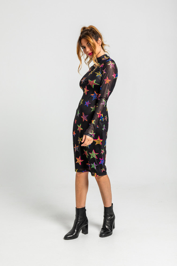 VESTIDO TUBO DE TUL CUELLO CHIMENEA ESTAMPADO ESTRELLAS LOLINA