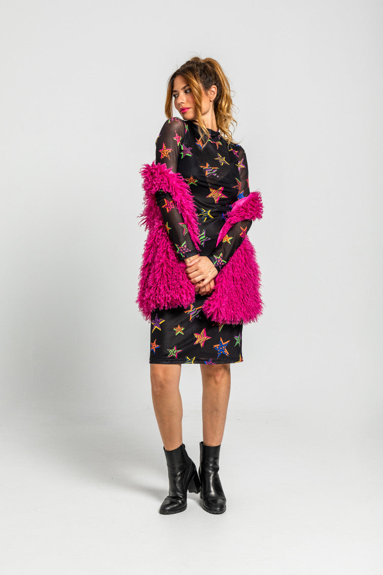 VESTIDO TUBO DE TUL CUELLO CHIMENEA ESTAMPADO ESTRELLAS LOLINA