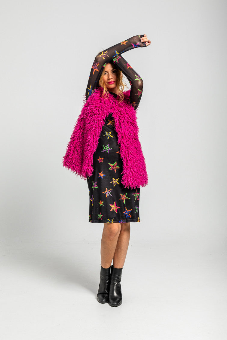 VESTIDO TUBO DE TUL CUELLO CHIMENEA ESTAMPADO ESTRELLAS LOLINA