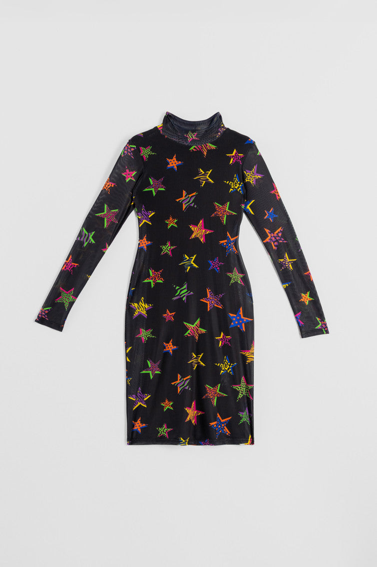VESTIDO TUBO DE TUL CUELLO CHIMENEA ESTAMPADO ESTRELLAS LOLINA