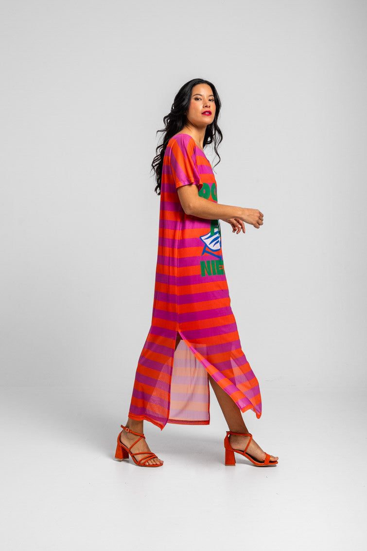 VESTIDO TUL RAYAS ROSA Y NARANJA CON TEXTO DOLCE FAR NIENTE LOLINA