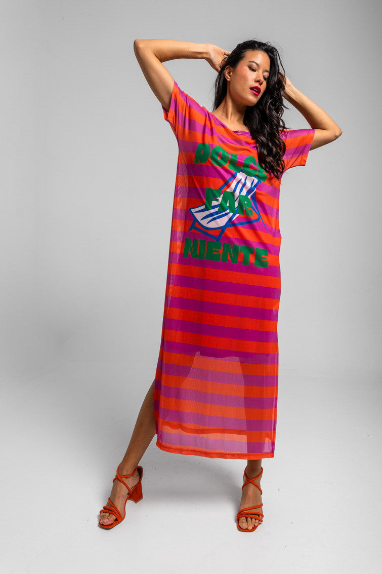 VESTIDO TUL RAYAS ROSA Y NARANJA CON TEXTO DOLCE FAR NIENTE LOLINA