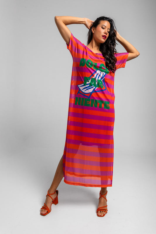 VESTIDO TUL RAYAS ROSA Y NARANJA CON TEXTO DOLCE FAR NIENTE LOLINA