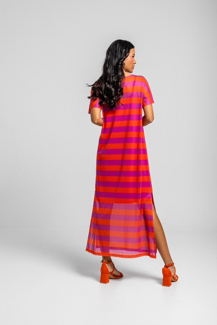 VESTIDO TUL RAYAS ROSA Y NARANJA CON TEXTO DOLCE FAR NIENTE LOLINA
