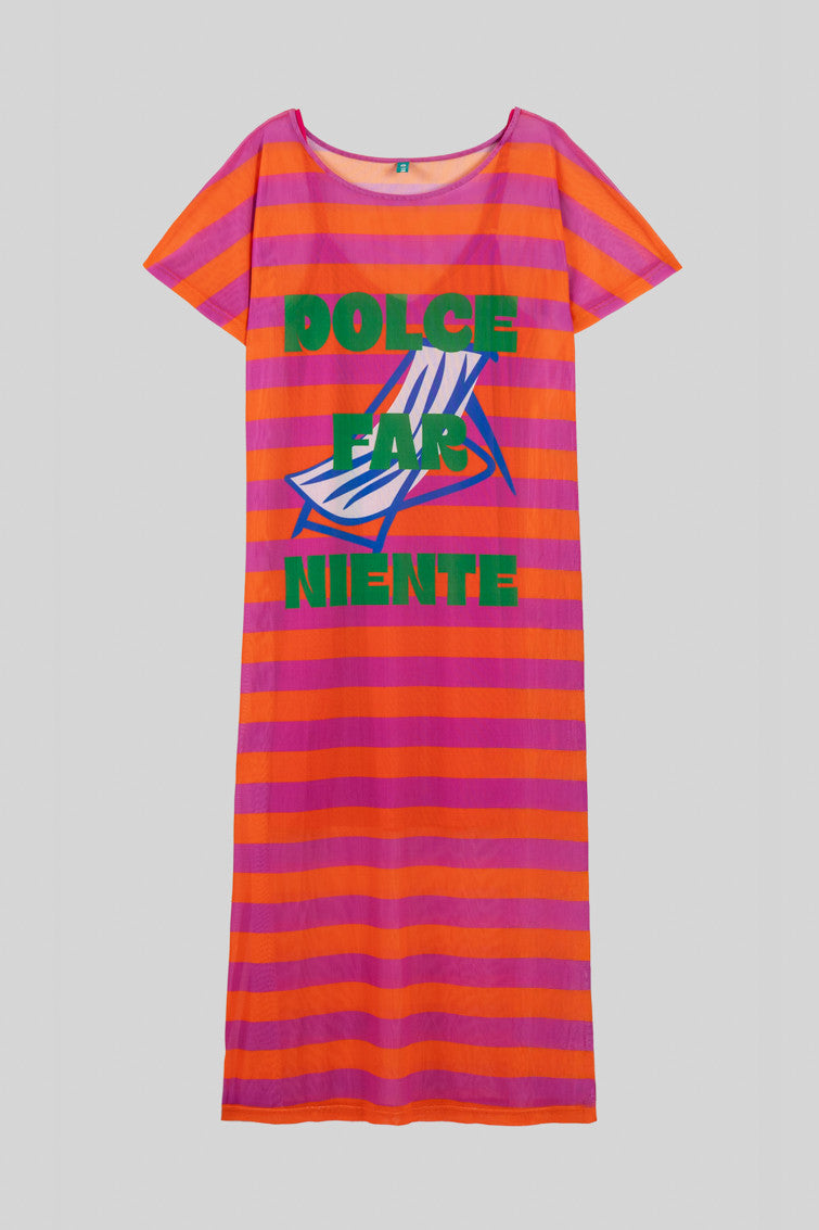 VESTIDO TUL RAYAS ROSA Y NARANJA CON TEXTO DOLCE FAR NIENTE LOLINA