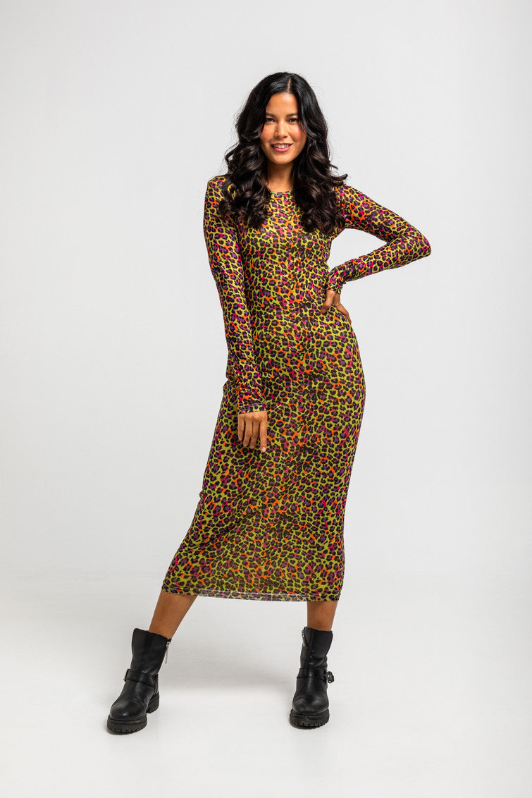 VESTIDO TUL ENTALLADO DE ESTAMPADO ANIMAL VERDE LOLINA