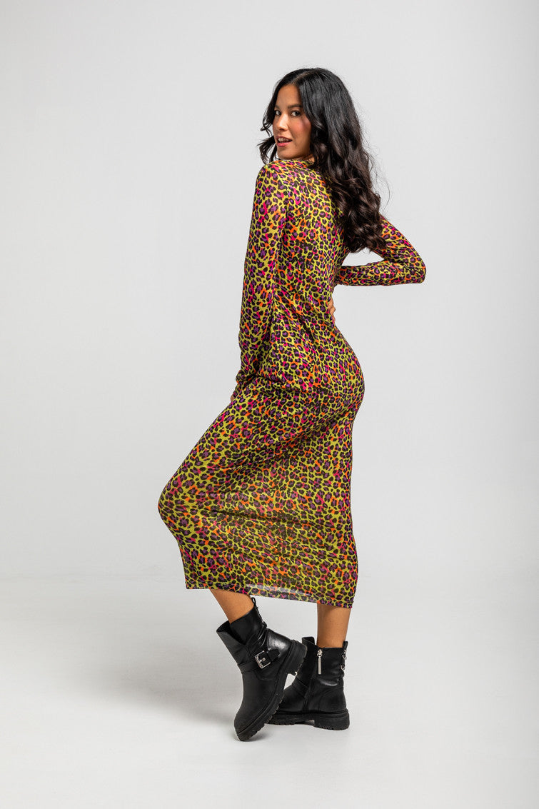 VESTIDO TUL ENTALLADO DE ESTAMPADO ANIMAL VERDE LOLINA