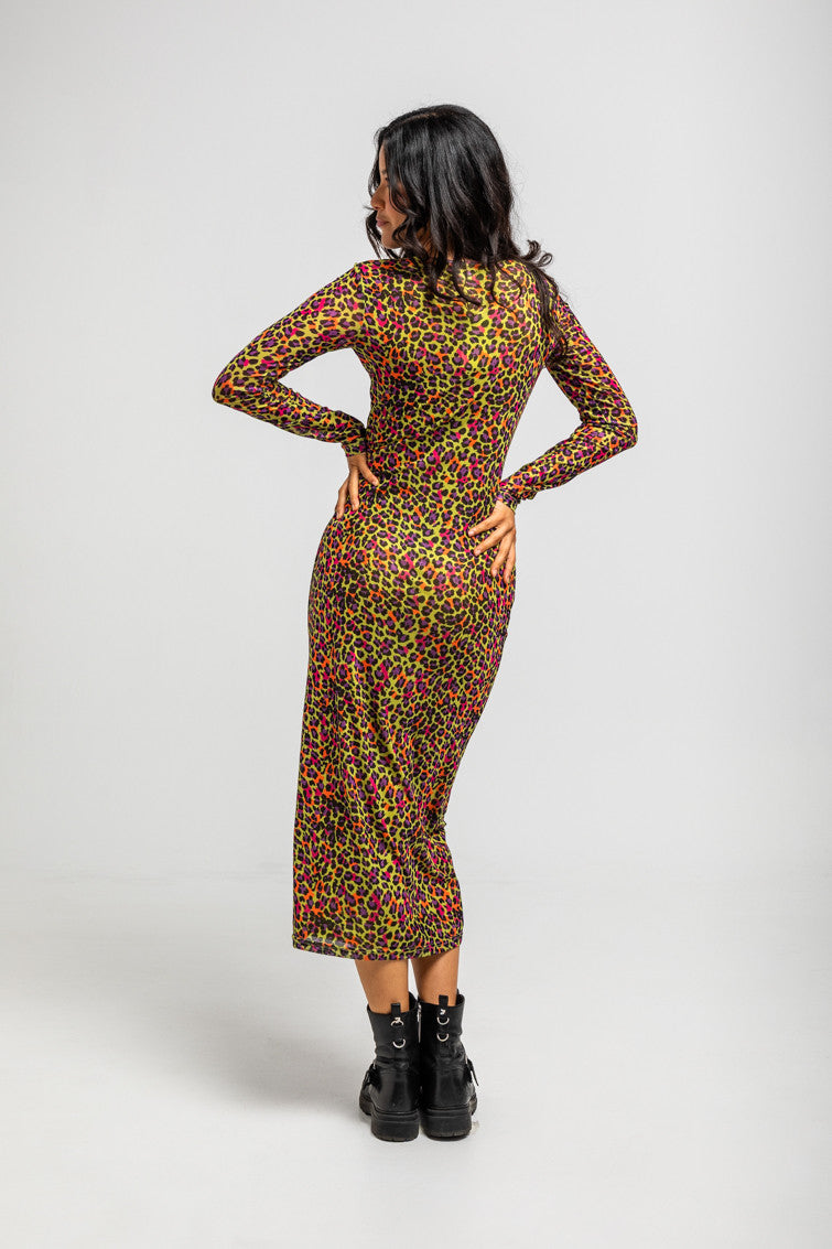 VESTIDO TUL ENTALLADO DE ESTAMPADO ANIMAL VERDE LOLINA