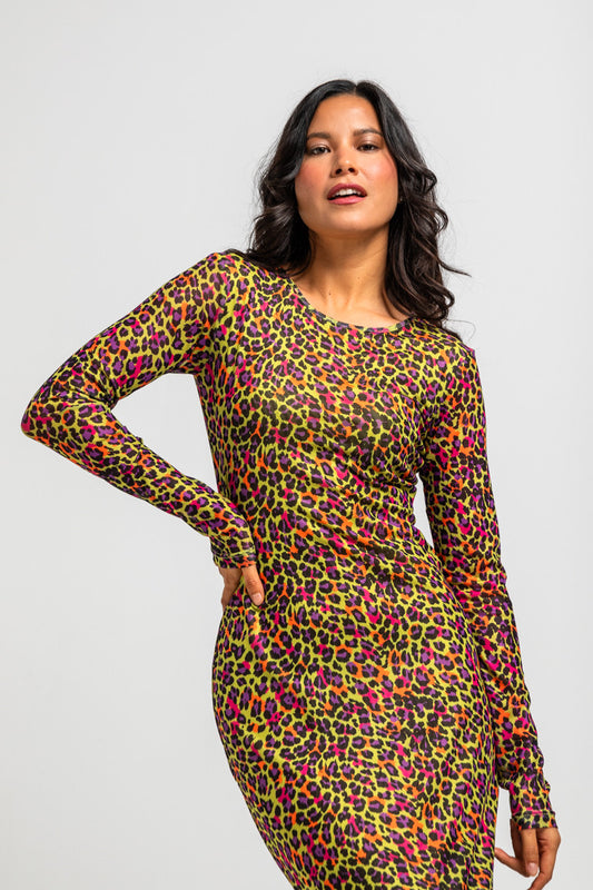 VESTIDO TUL ENTALLADO DE ESTAMPADO ANIMAL VERDE LOLINA