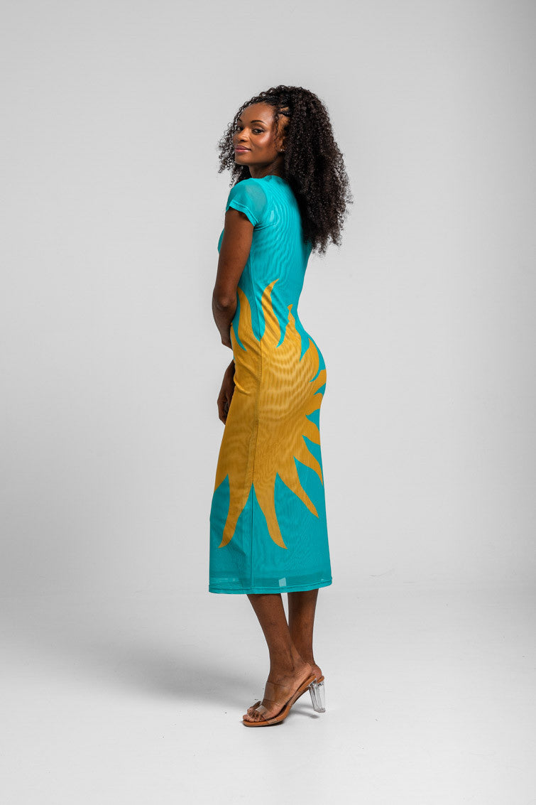 VESTIDO TUL ENTALLADO TURQUESA CON SOL LOLINA