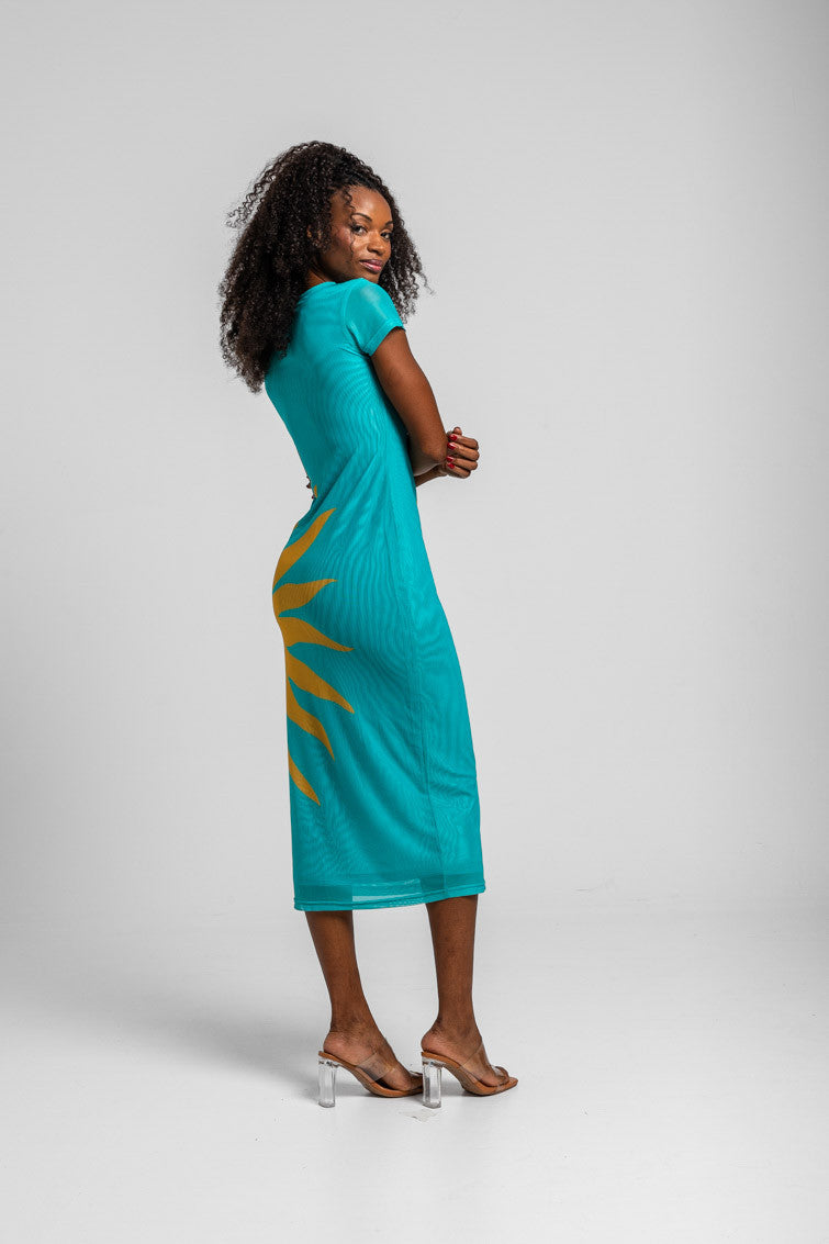 VESTIDO TUL ENTALLADO TURQUESA CON SOL LOLINA