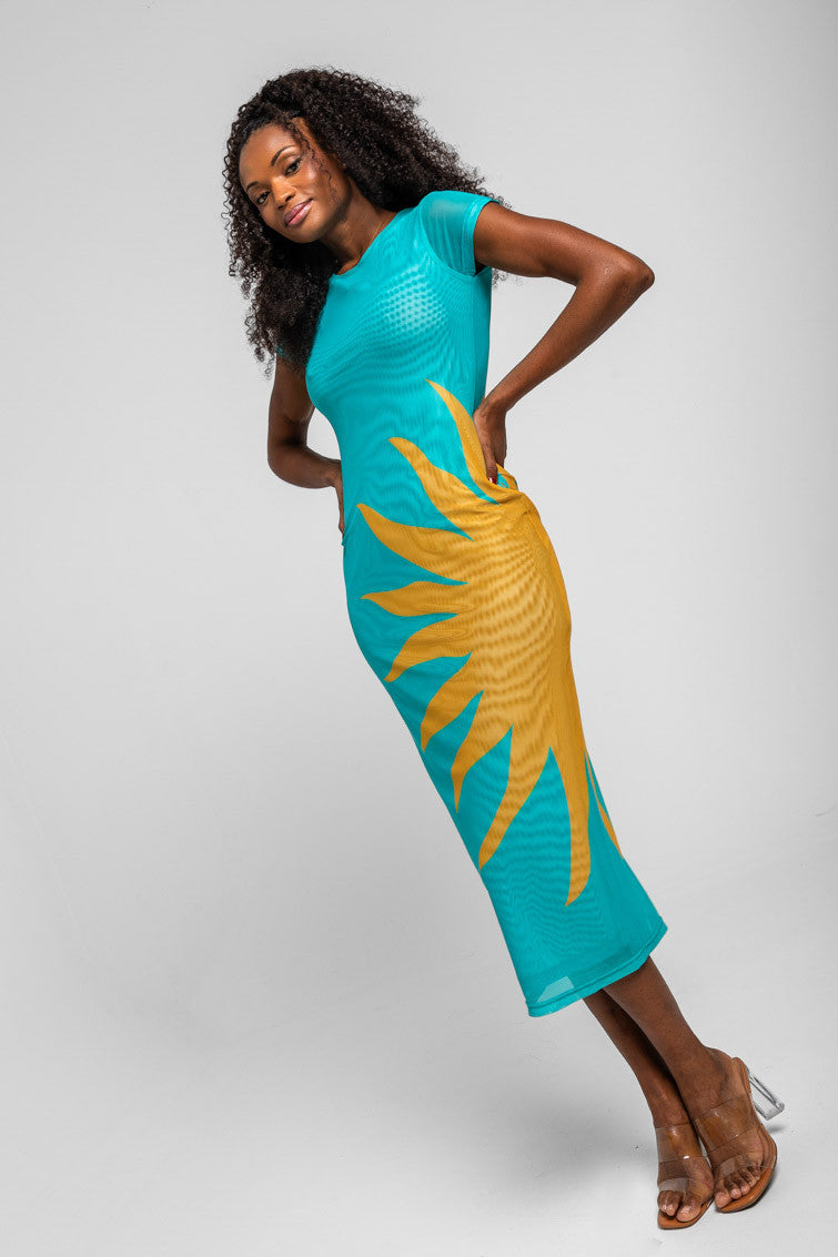 VESTIDO TUL ENTALLADO TURQUESA CON SOL LOLINA